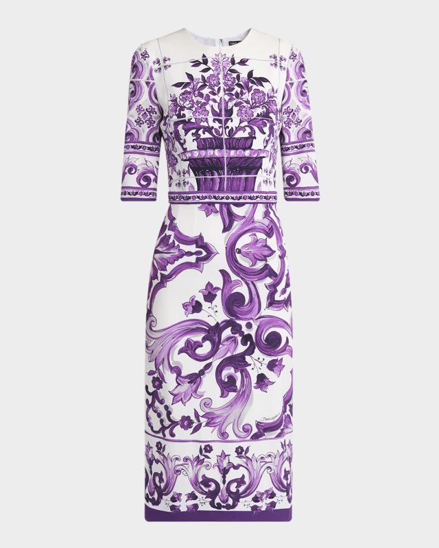 Majolica Charmeuse 3/4-Sleeve Midi Dress